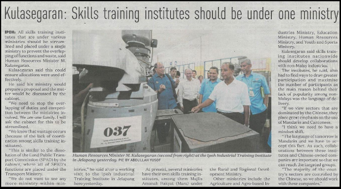 Kulasegaran - Skills training institutes should be under one ministry - News Straits Times 4 06 2018